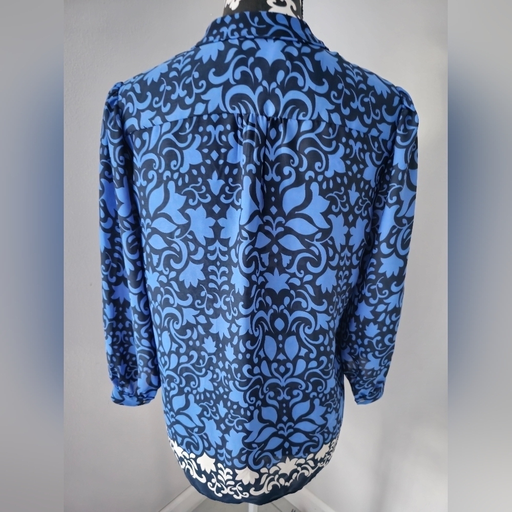Banana Republic Blue Damask Print Popover Top Blouse Small - Picture 6 of 13